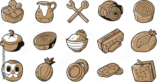 A collection of hand-drawn, rustic style food and kitchen icons featuring an earthy brown tone, including utensils, vegetables, bowls, and baking ingredients isolated on a white background.