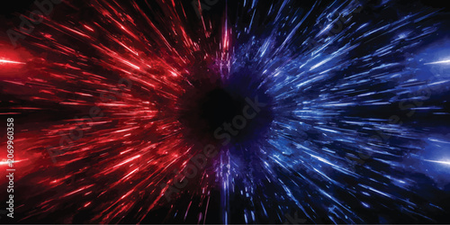 Tableau sur toile Abstract dark portal surrounded by radiating red and blue light beams in motion