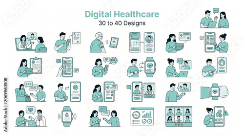 Schilderij op canvas Digital healthcare telemedicine and medical monitoring vector set with healthcar