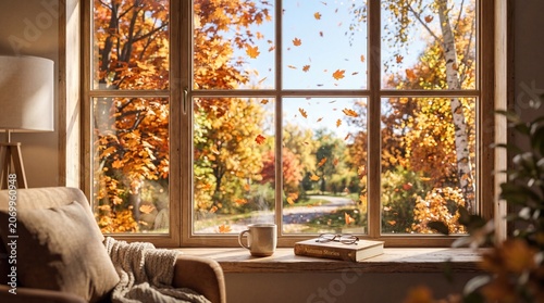 Cozy Autumn View Through a Window with Colorful Fall Foliage and a Warm Drink.