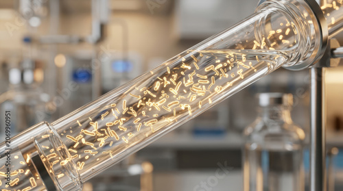 Bacteria culture growing inside transparent laboratory glass tube with scientific equipment blurred in background, glowing softly