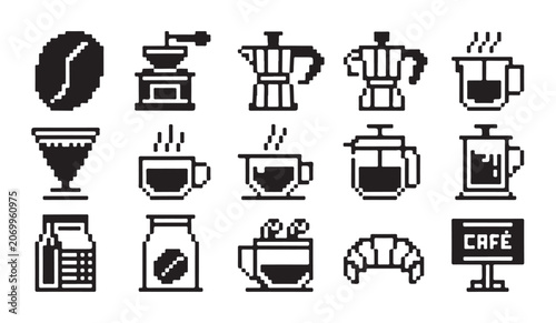 Cuadro en lienzo Vintage coffee shop pixel art icons including grinder bean croissant and cafe sign board