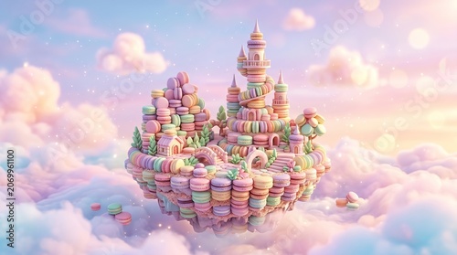 Fantasy castle made of macarons floating in clouds at sunset