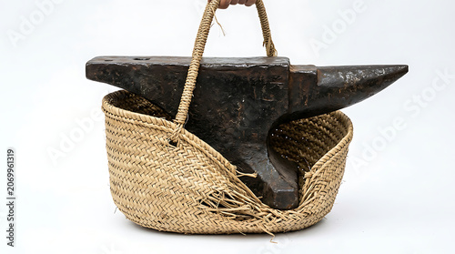 A heavy, rustic anvil is surprisingly carried in a woven basket, isolated on a white background