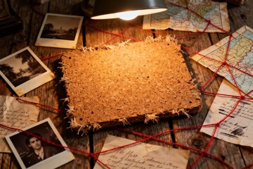 Vintage detective board with maps and photos