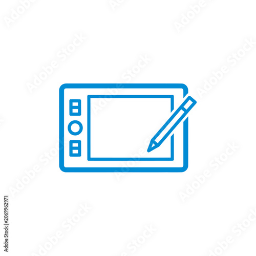 Blue Line Art Icon of a Digital Drawing Tablet with Stylus