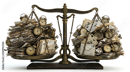 Old books and alarm clocks piled on scales, representing the concept of time isolated on white background