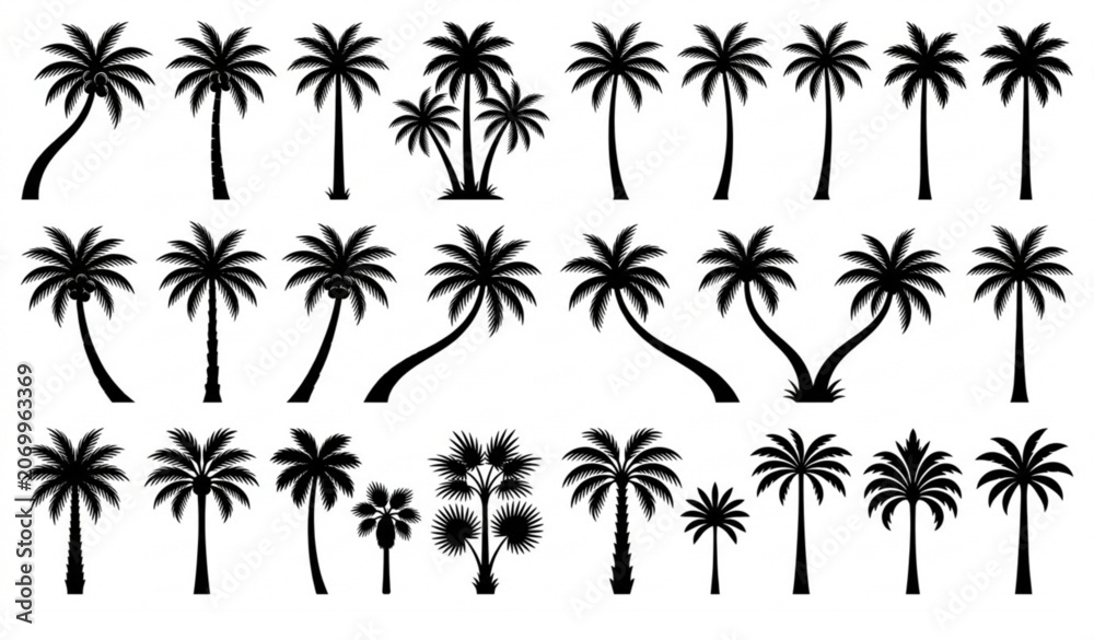 Fototapeta premium Palm Tree Silhouette Vector Set with Tropical Coconut Trees Isolated on White Background