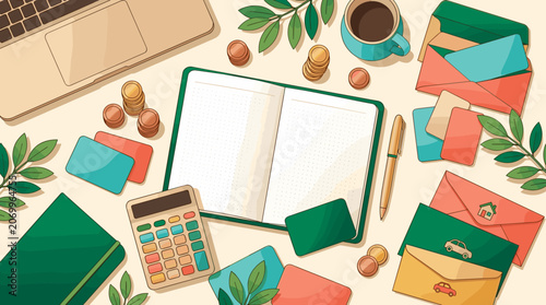 Flat lay illustration of a creative office workspace featuring an open notebook, calculator, laptop, and financial envelopes. Perfect for business, finance, and productivity concepts.