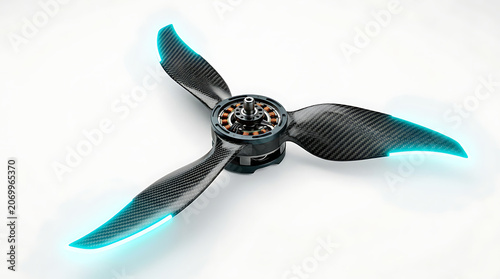Advanced carbon fiber drone propeller with illuminated edges, isolated on white background
