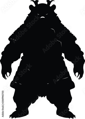 Silhouette of a powerful bear warrior wearing traditional samurai armor with horns and sharp claws.