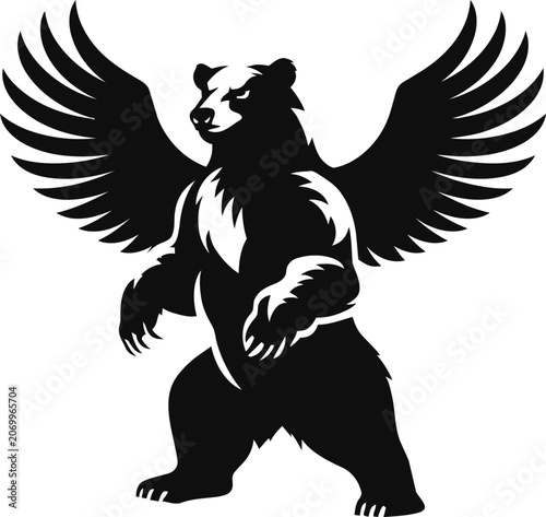Stylized black and white vector illustration of a powerful standing bear with large outstretched wings.