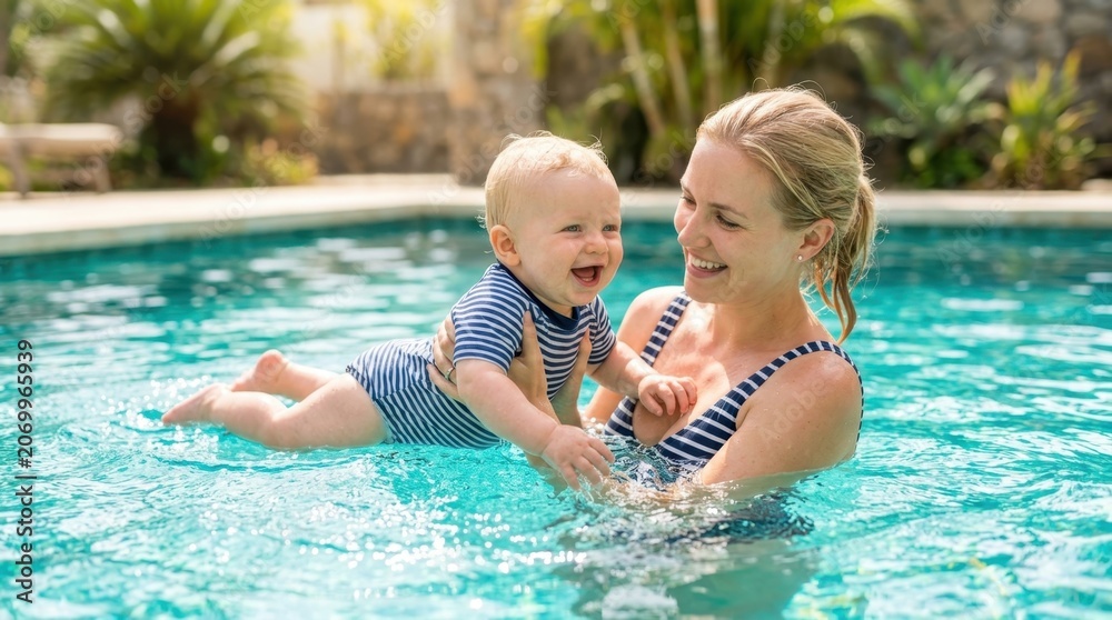 Fototapeta premium Joyful mother holding laughing baby while swimming in a sunny outdoor pool.