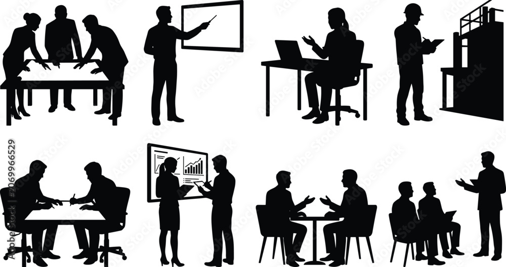 Fototapeta premium Business People Silhouette Collection with Meetings Presentation Office and Workplace Scenes