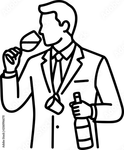 Man in Suit Tasting Wine from Glass Holding Bottle, Sommelier Icon, Minimalist Line Art