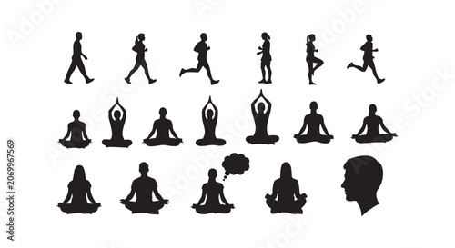 Variety of human silhouettes performing yoga meditation and running poses isolated on white background vector design.