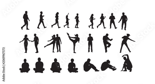 Various human silhouette poses including walking running dancing stretching sitting and showing different emotional states.