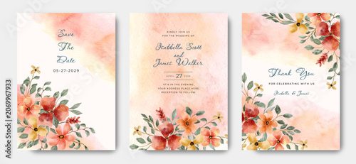 Tableau sur toile wedding invitation set orange floral watercolor