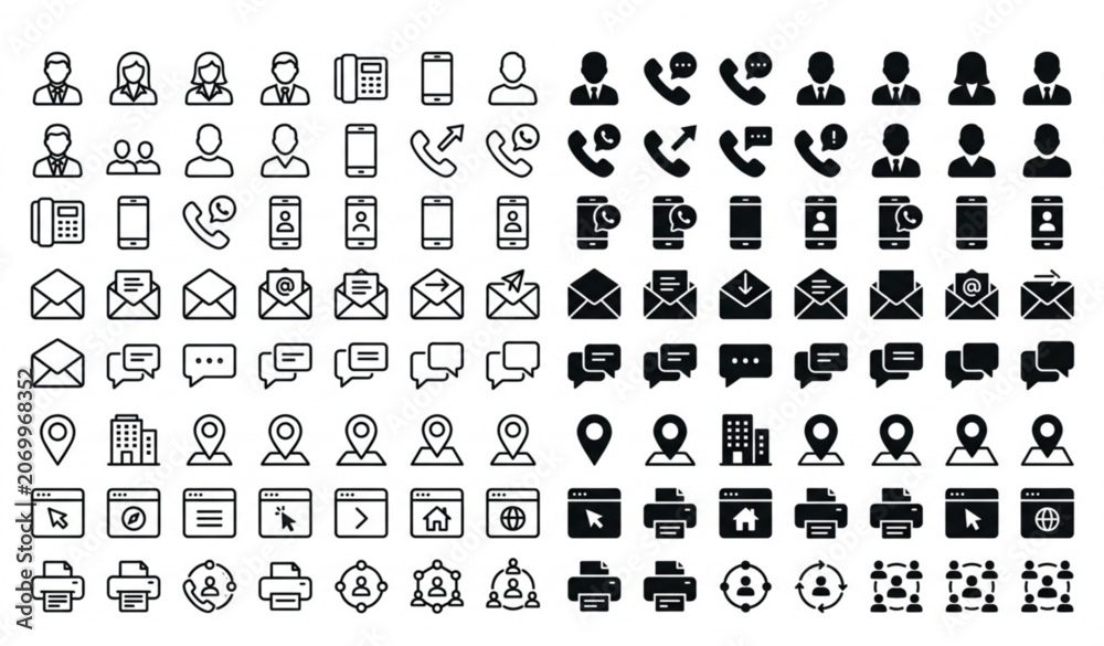 Fototapeta premium Business Card Communication and Contact Editable Stroke Line and Solid Icons Vector Pack
