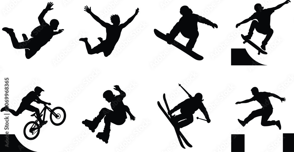 Obraz premium Extreme Sports Silhouette Collection with Skateboarding BMX Skiing and Action