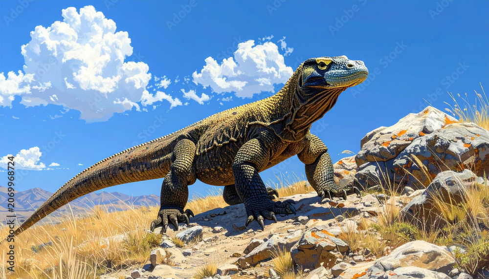 Fototapeta premium Majestic Komodo dragon on rocky terrain under blue sky illustration