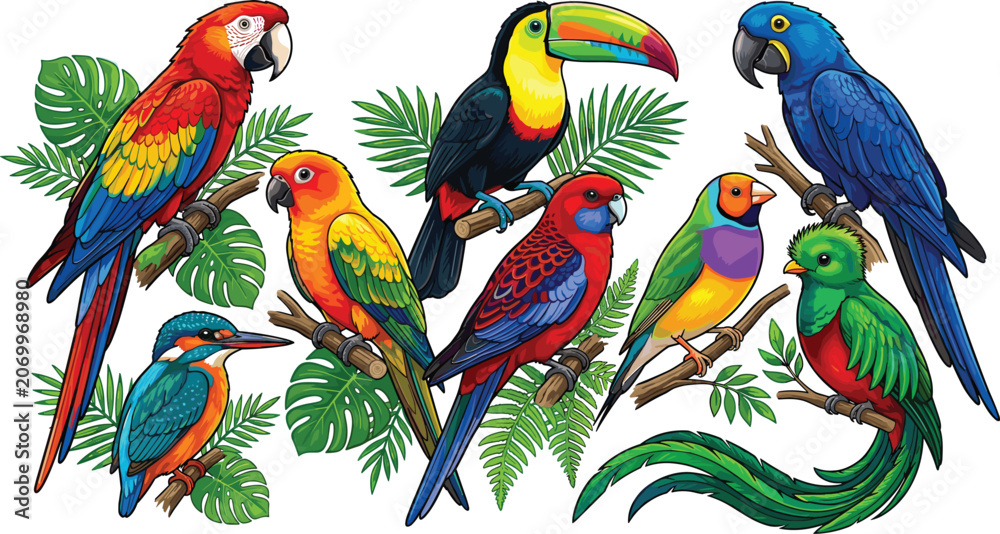 Fototapeta premium Tropical rainforest exotic birds collection set vector illustrationTropical rainforest exotic birds collection set vector illustration