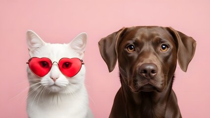 A white cat and brown dog posing together with cat wearing heart shaped sunglasses