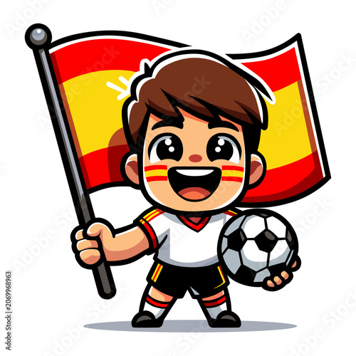 Cartoon boy holding Spain flag and soccer ball