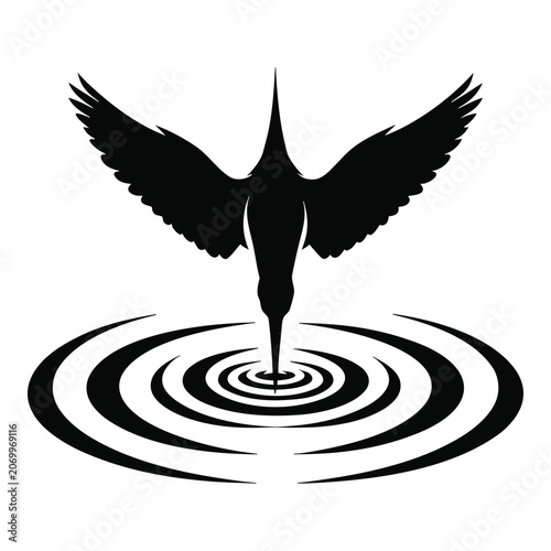 Kingfisher diving silhouette striking water ripples logo vector