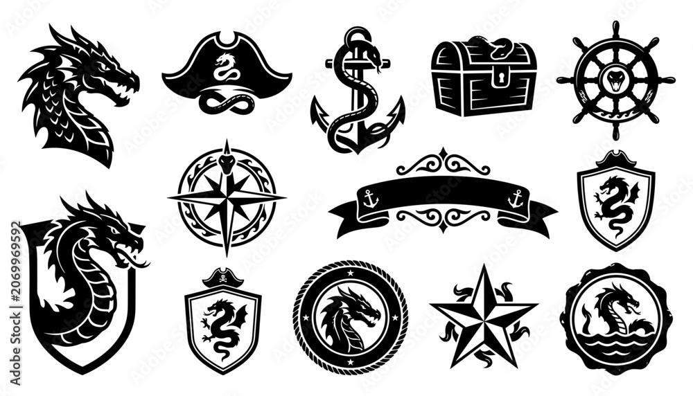 Obraz premium Pirate Dragon and Sea Serpent Icons Set with Anchor Chest Wheel