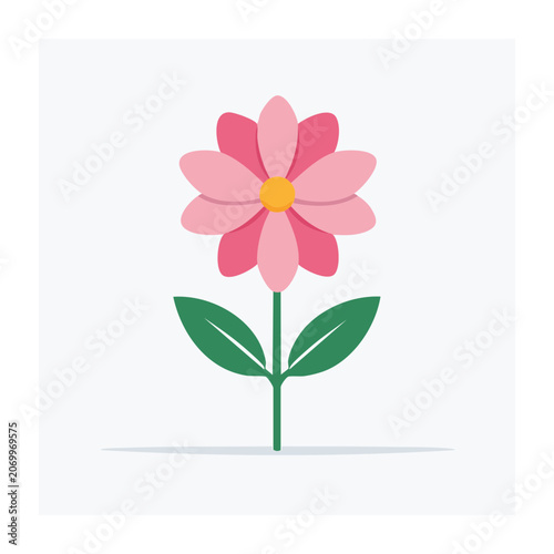 Pink Flower Icon with Green Leaves on White Background