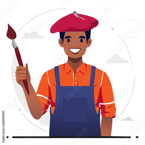 Smiling man in overalls holding a paintbrush, flat vector illustration