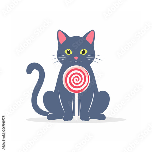 Cute blue cat holding a lollipop vector illustration