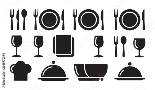 Foto Set of kitchenware and tableware silhouette icons for professional restaurant menu design