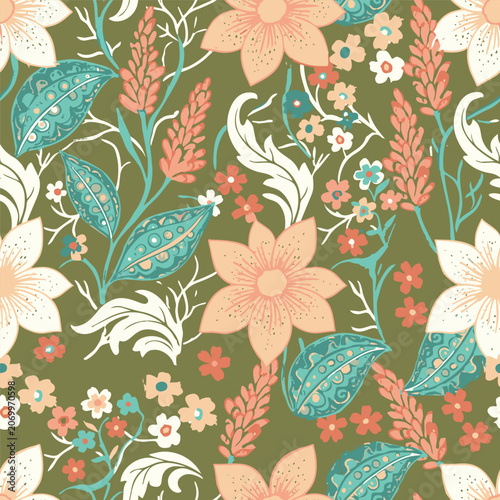 Vintage boho botanical seamless pattern featuring ditsy wildflowers, stylized leaves, and lupine blossoms on an earthy olive green background.