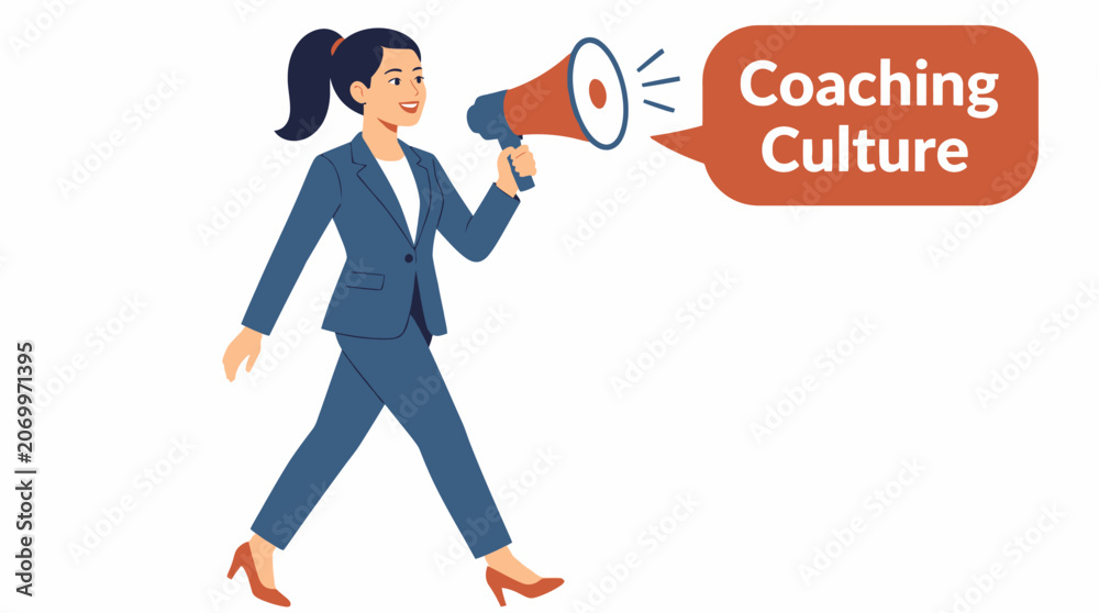 © Stevi - Businesswoman using megaphone for coaching culture announcement.