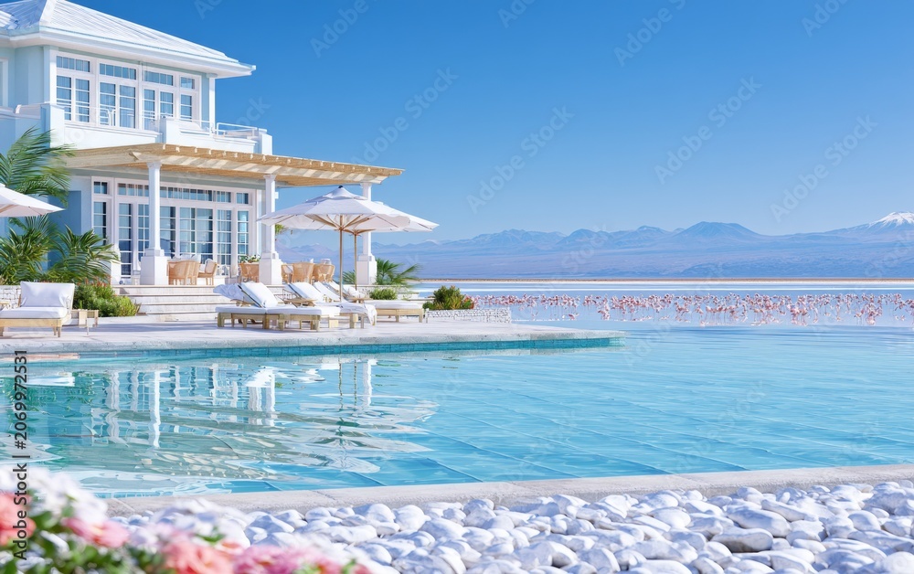 Fototapeta premium Luxurious Resort with Pool Overlooking Atacama Desert Salt Flats