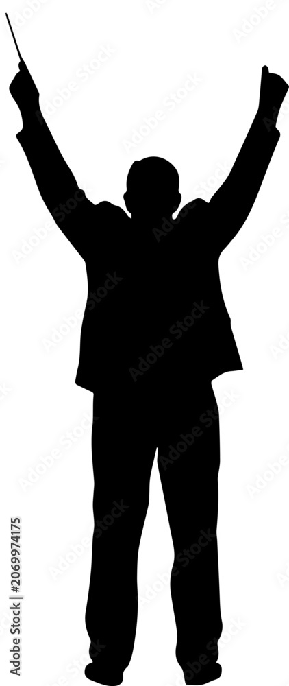 Fototapeta premium Black Silhouette of an Orchestra Conductor from Behind with Arms Raised and Baton