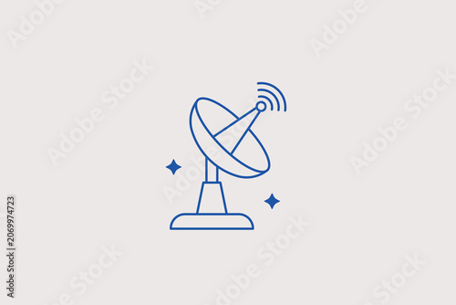 Foto Parabolic satellite telecommunication dish antenna receiver line icon for space radar tracking center, worldwide broadcasting network station