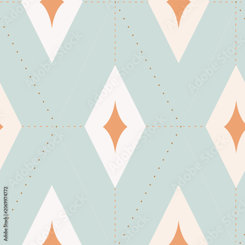  Diamond shapes with dots and lines as a sparkling celestial argyle harlequin design in colors of orange, white and sky blue. Art deco geometric seamless vector pattern. Great for home decor, fabric.
