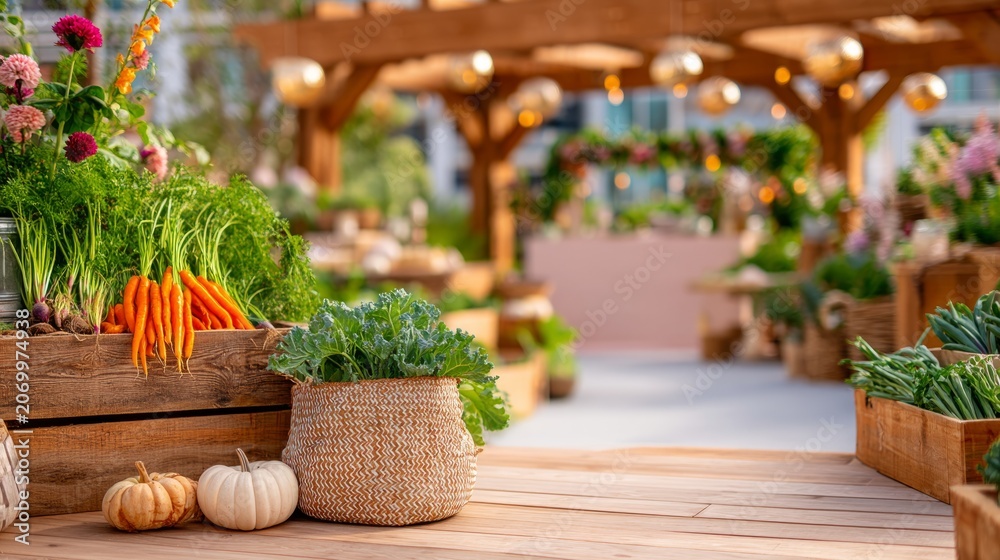 Fototapeta premium Vibrant Garden Exhibit with Fresh Vegetables and Colorful Display