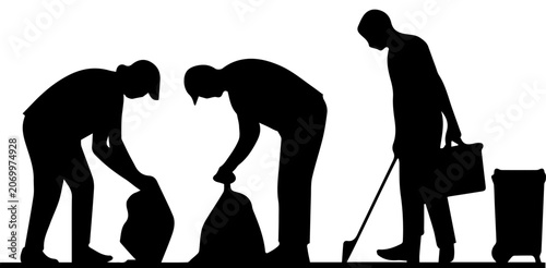 Silhouettes of Volunteers Cleaning Up Garbage and Picking Up Trash for Environmental Conservation