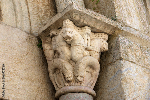 Gothic capital of the church of Sant Jaume de Vilafranca de Conflent in the medieval town Villefranche-de-Conflent, France