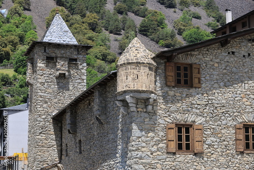Corner tower of the Casa de la Vall or House of the Valley in Andorra la Vella, Andorra