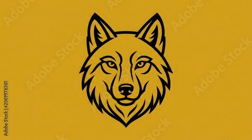 Illustration of a wolf's head in a circular logo design with black lines on yellow background