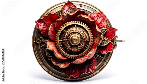A steampunk-inspired, elaborate medallion featuring a crimson, stylized floral arrangement with mechanical gears at the center, set on a metallic surface