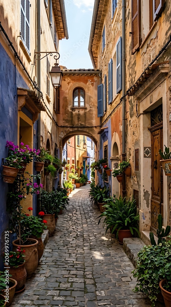 Fototapeta premium Sunlit narrow cobblestone street in a historic European village featuring colorful facades and lush potted plants