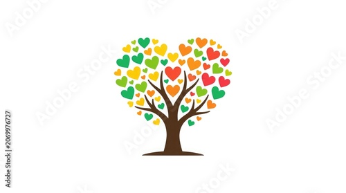 A stylized tree with colorful heart-shaped leaves forms a heart, standing alone in a simple landscape illustration.