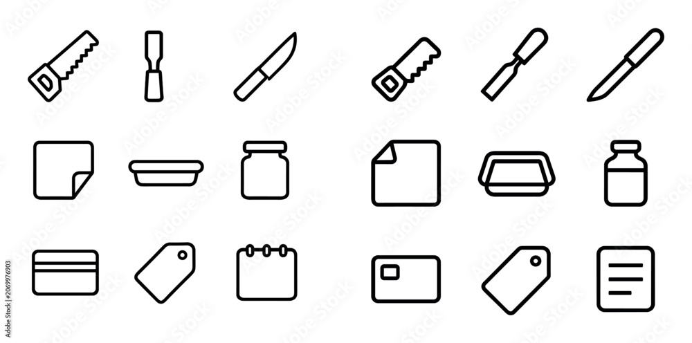 Obraz premium Line tools and equipment icon pack for home and office featuring saw, knife and jar