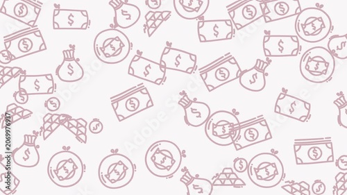 Multiple dollar banknotes, coins, pouches, gold bullion icons in a seamless pink and white pattern. Suitable for financial designs.